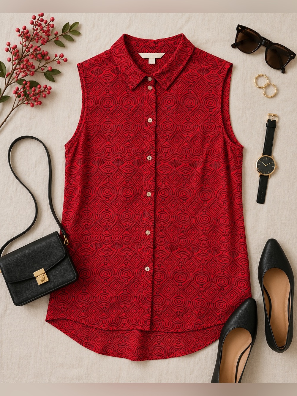 H&M Red Geometric Sleeveless Button-Down Blouse Size 8